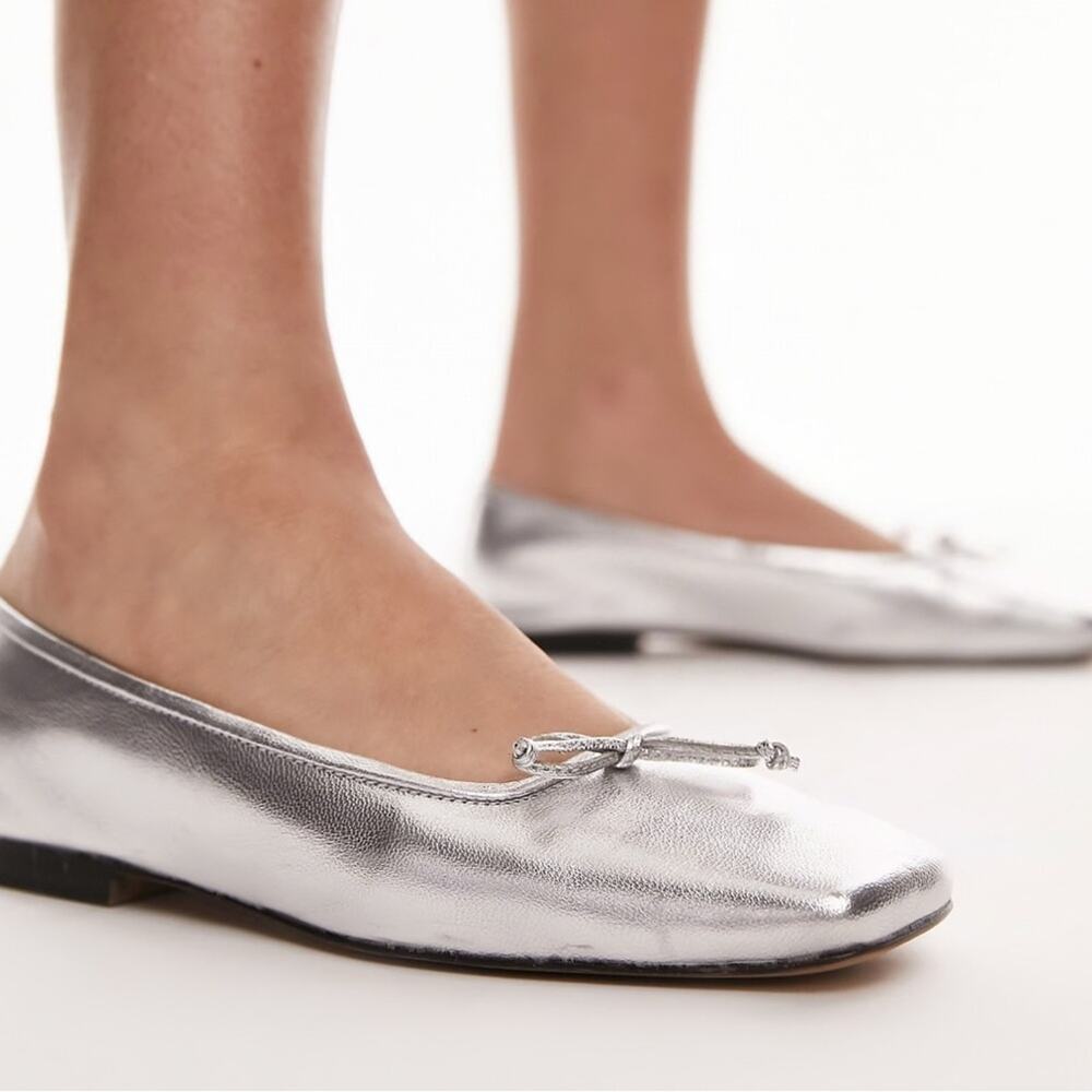 NWT Topshop Bethany Leather Square Toe Ballerina Flats Shoes Silver size 11